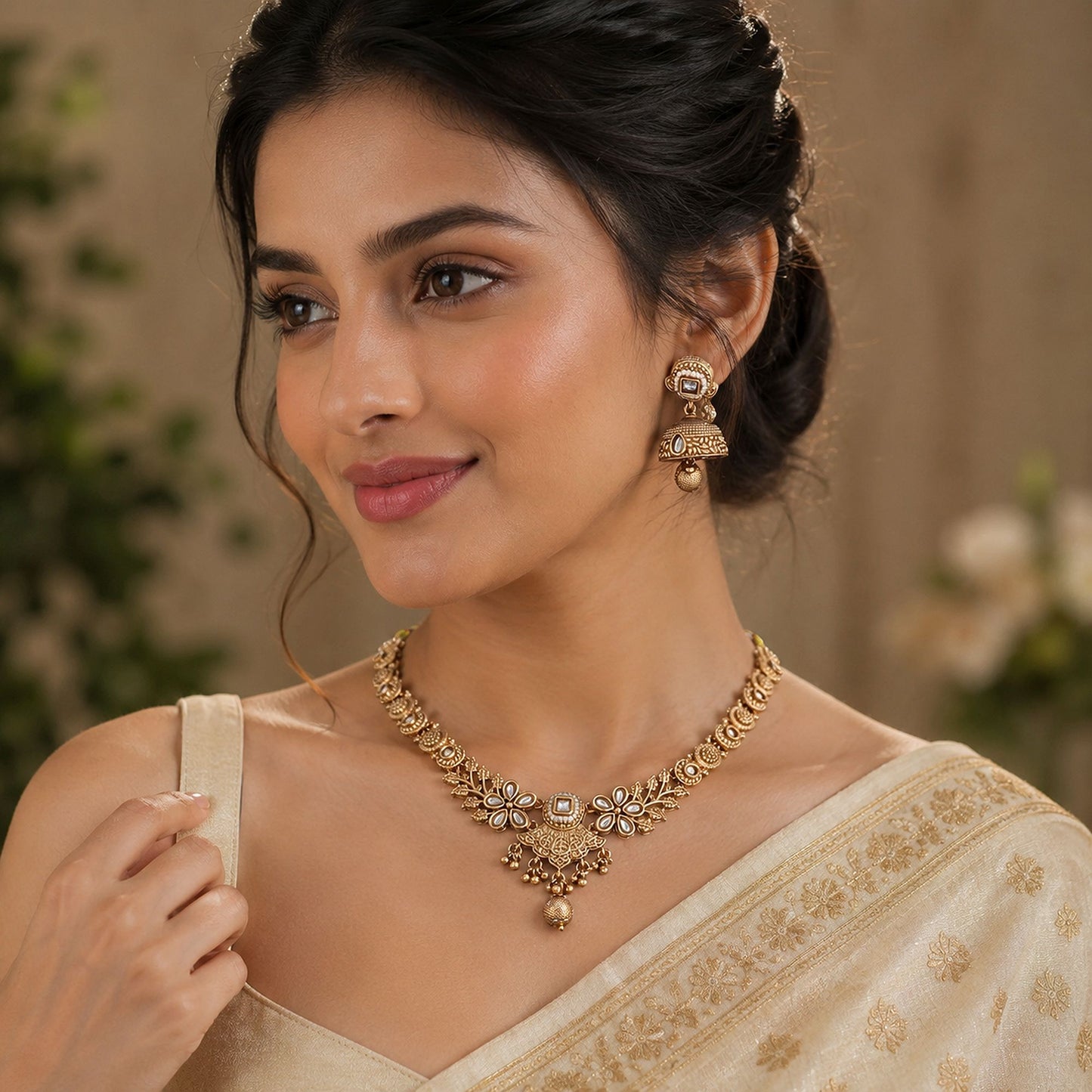 White Color Temple Necklace Jewelry Set Crafted with Elegant Traditional Artwork