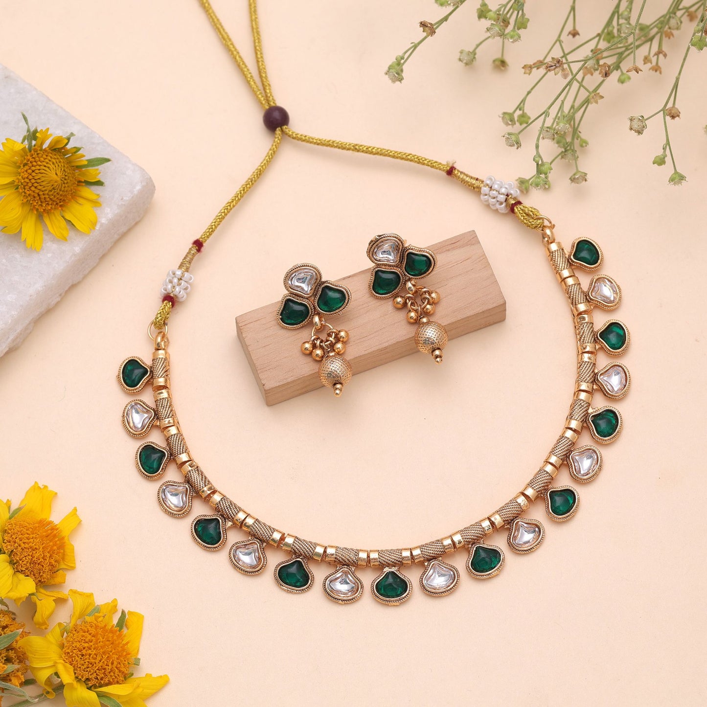 Green Color Temple Necklace Jewelry Set Crafted for Classic Ethnic Fashion Look