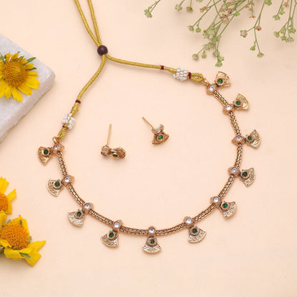 Green Color Temple Necklace Jewelry Set with Elegant South Indian Fashion Style