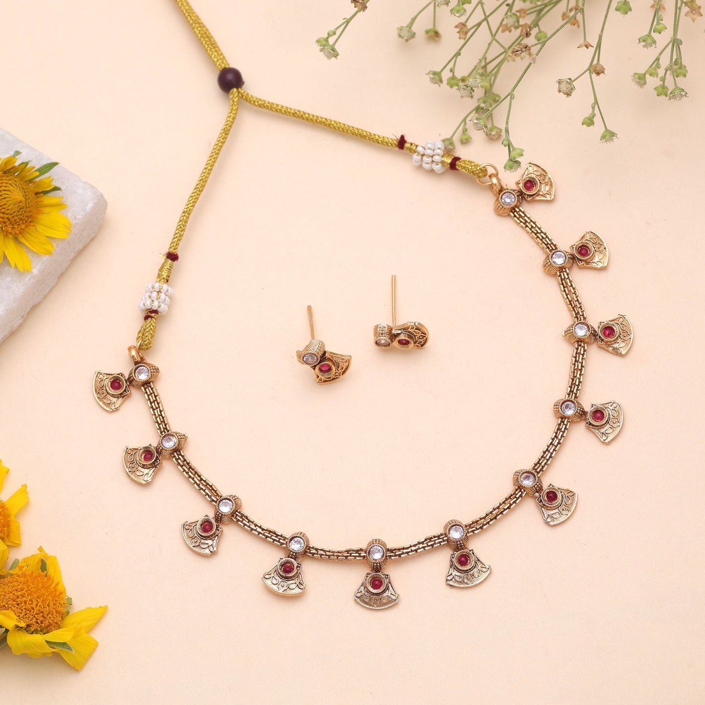 Rani Color Temple Necklace Jewelry Set Featuring Premium Antique Gold Finish