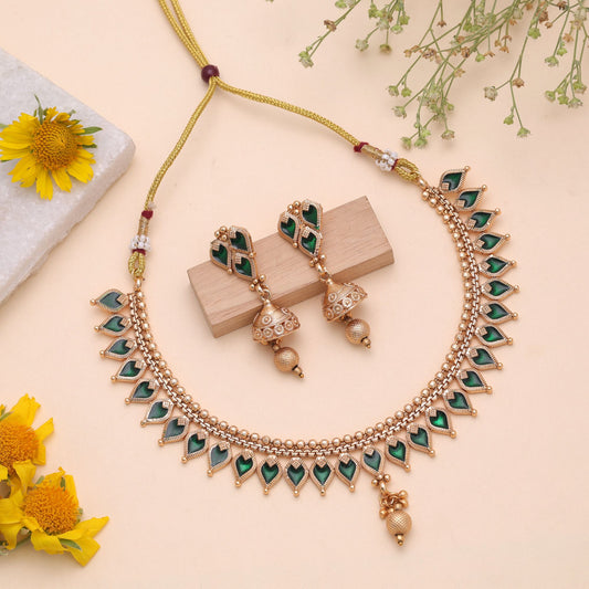 Green Color Temple Necklace Jewelry Set Crafted with Premium Antique Gold Finish
