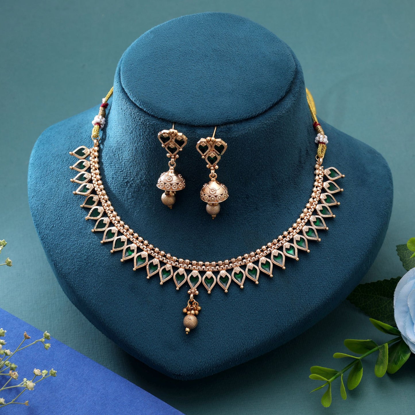 Green Color Temple Necklace Jewelry Set Crafted with Premium Antique Gold Finish