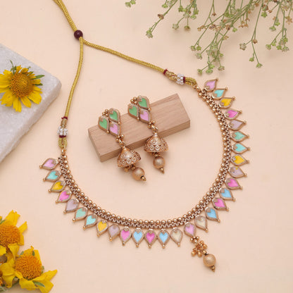 Multi Color Temple Necklace Jewelry Set with Elegant Premium Antique Jewelry Style
