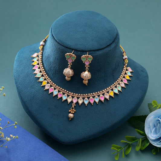 Multi Color Temple Necklace Jewelry Set with Elegant Premium Antique Jewelry Style