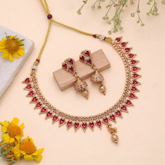 Red Color Temple Necklace Jewelry Set with Beautiful Traditional Jewelry Appeal