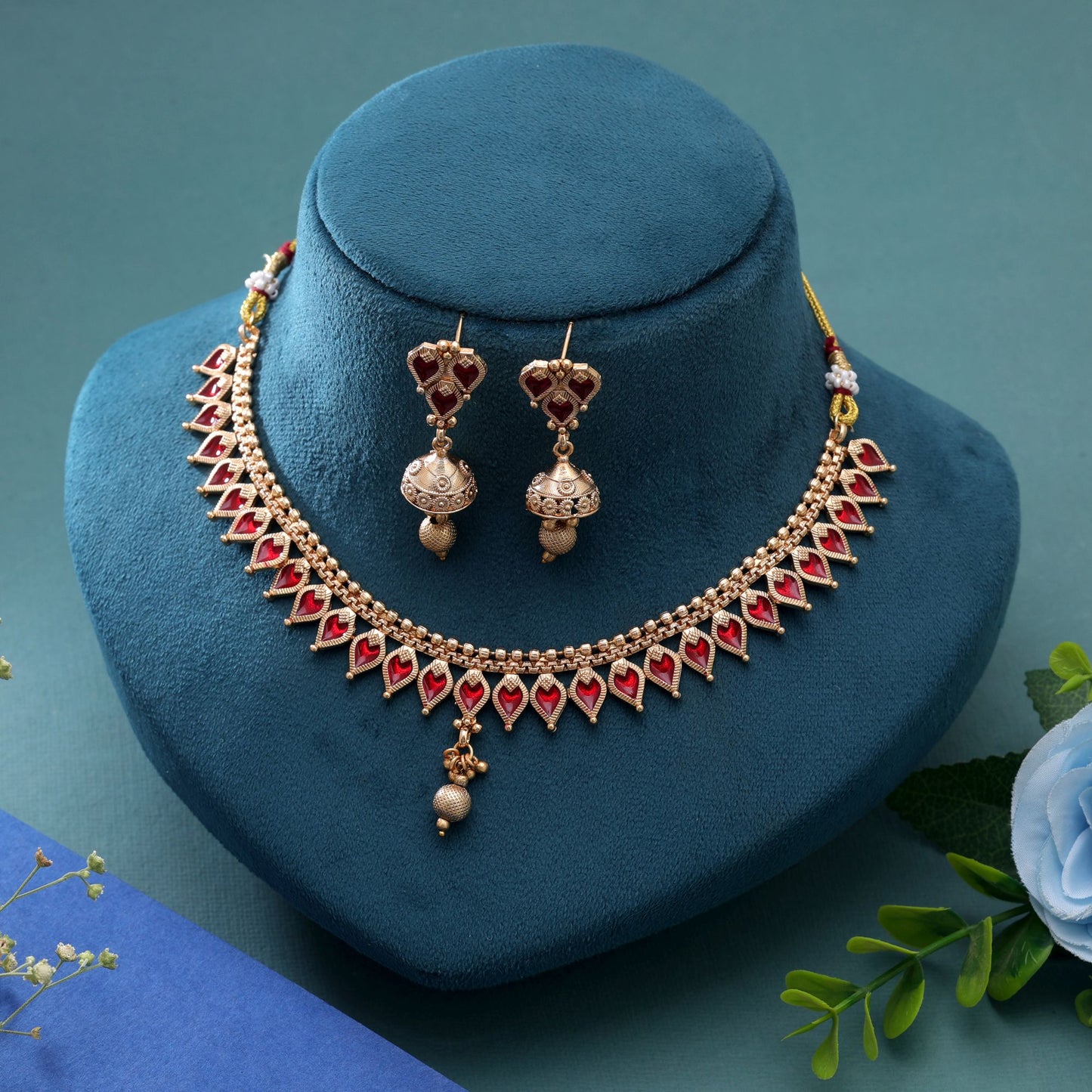 Red Color Temple Necklace Jewelry Set with Beautiful Traditional Jewelry Appeal