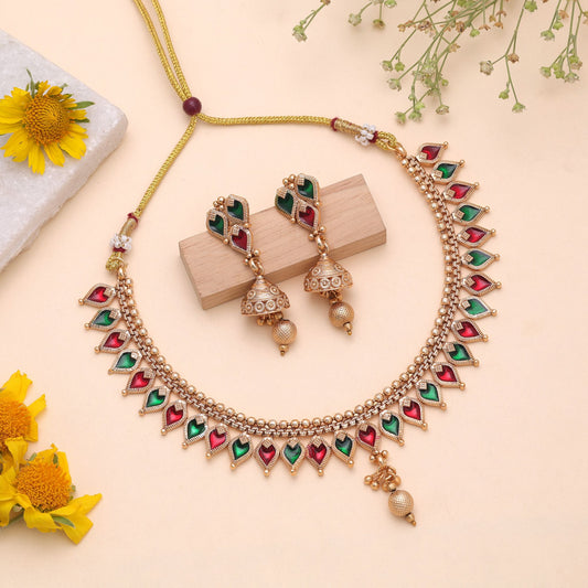 Red & Green Color Temple Necklace Jewelry Set Featuring Royal Festive Design