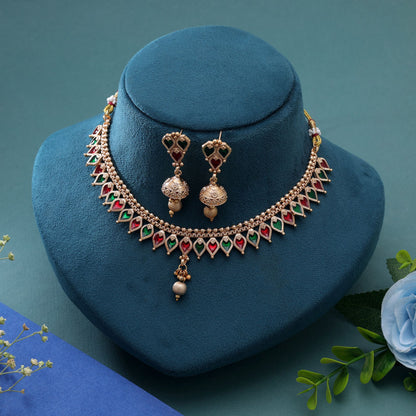 Red & Green Color Temple Necklace Jewelry Set Featuring Royal Festive Design