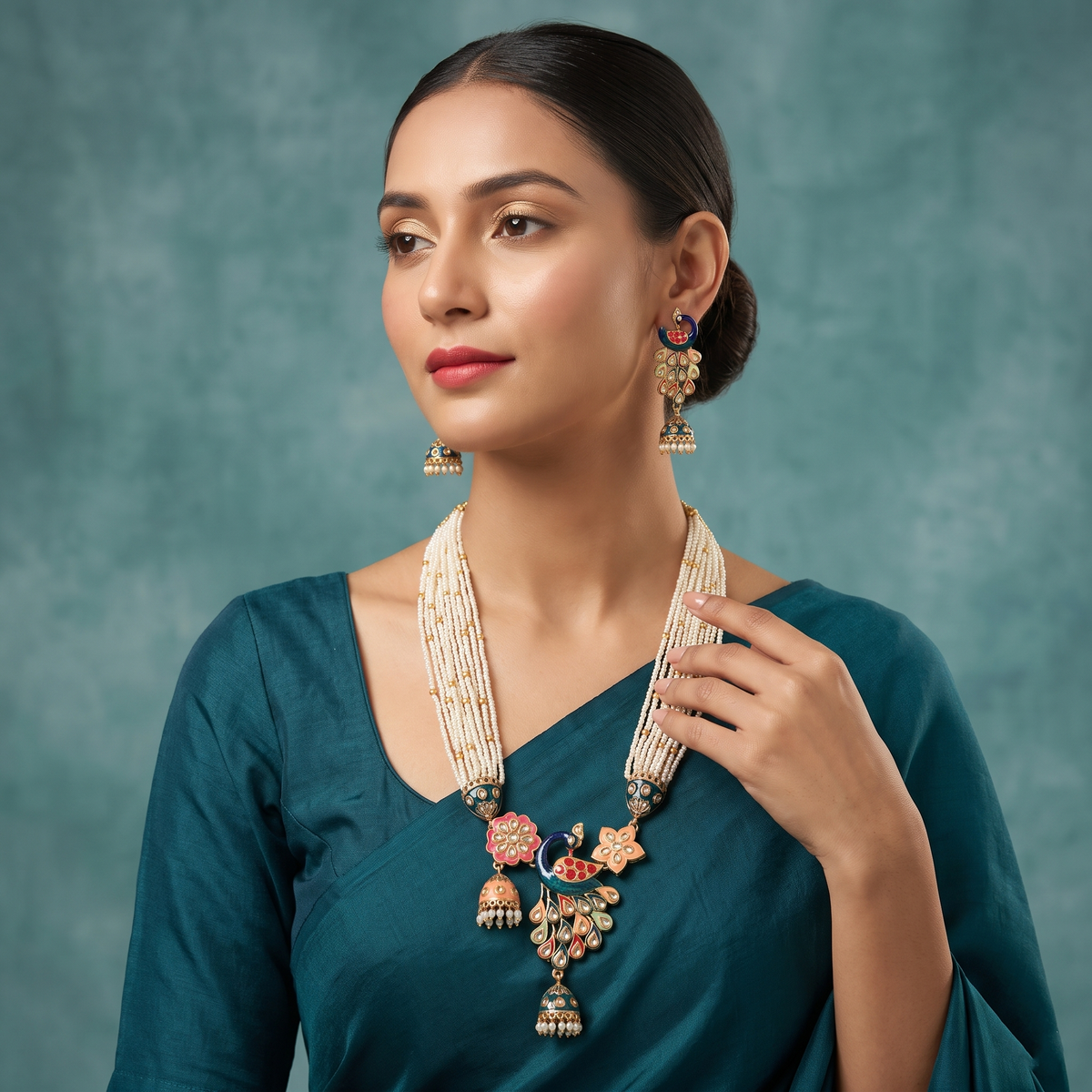 Stunning Multi Color Peacock Inspired Matte Gold Necklace Set For Royal Ethnic Celebrations