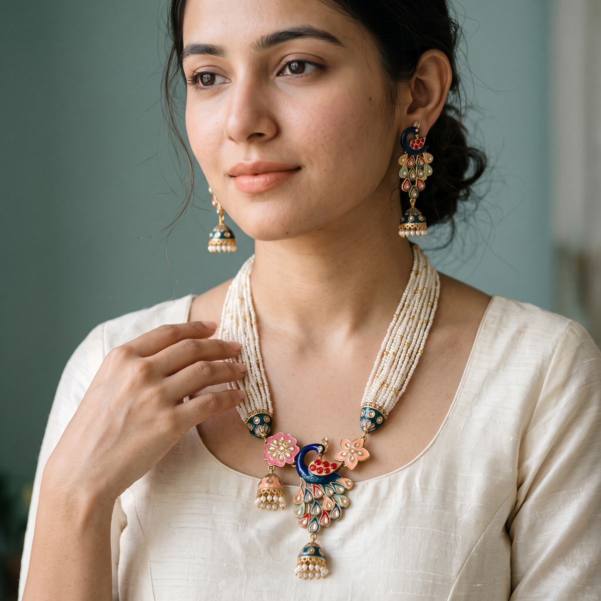 Stunning Multi Color Peacock Inspired Matte Gold Necklace Set For Royal Ethnic Celebrations