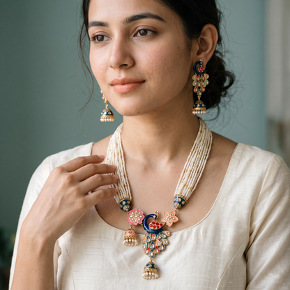Stunning Multi Color Peacock Inspired Matte Gold Necklace Set For Royal Ethnic Celebrations