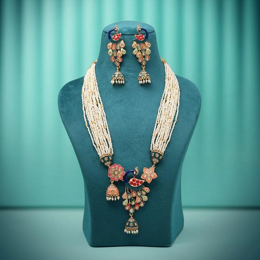 Stunning Multi Color Peacock Inspired Matte Gold Necklace Set For Royal Ethnic Celebrations