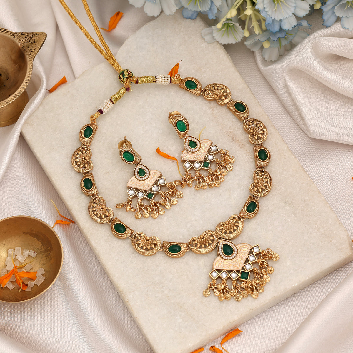 Traditional Emerald Green Color Matte Gold Necklace Set With Elegant Dangle Earrings
