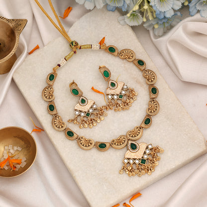 Traditional Emerald Green Color Matte Gold Necklace Set With Elegant Dangle Earrings
