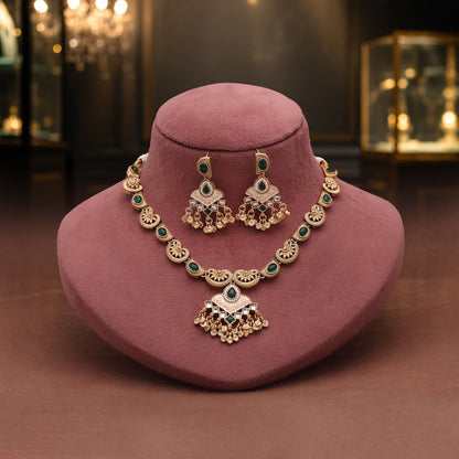 Traditional Emerald Green Color Matte Gold Necklace Set With Elegant Dangle Earrings