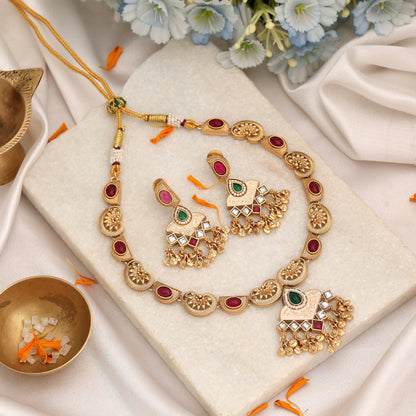 Dual Tone Maroon & Green Color Matte Gold Necklace Set With Dangle Earrings