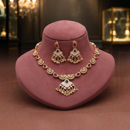 Dual Tone Maroon & Green Color Matte Gold Necklace Set With Dangle Earrings