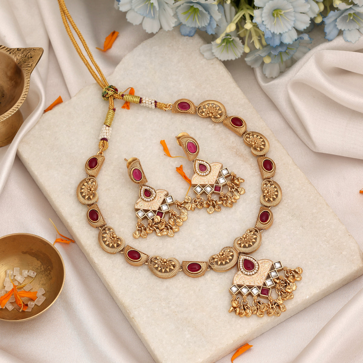 Rich Velvet Maroon Color Matte Gold Necklace Set With Dazzling Dangle Earrings