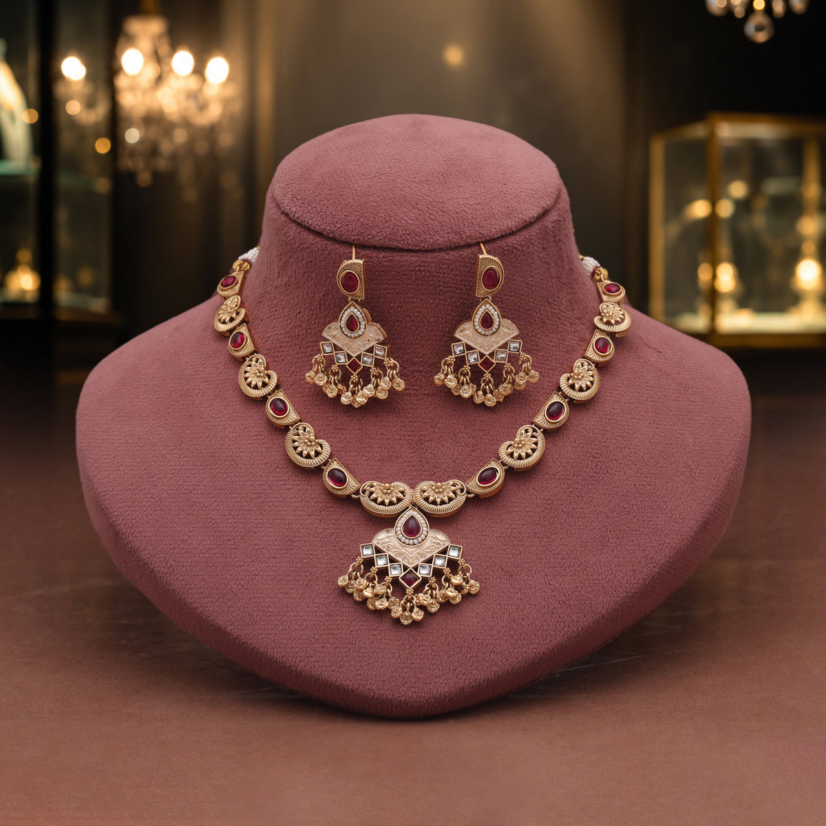 Rich Velvet Maroon Color Matte Gold Necklace Set With Dazzling Dangle Earrings