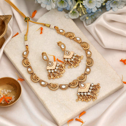 Classic Pure White Color Matte Gold Necklace Set With Graceful Dangle Earrings