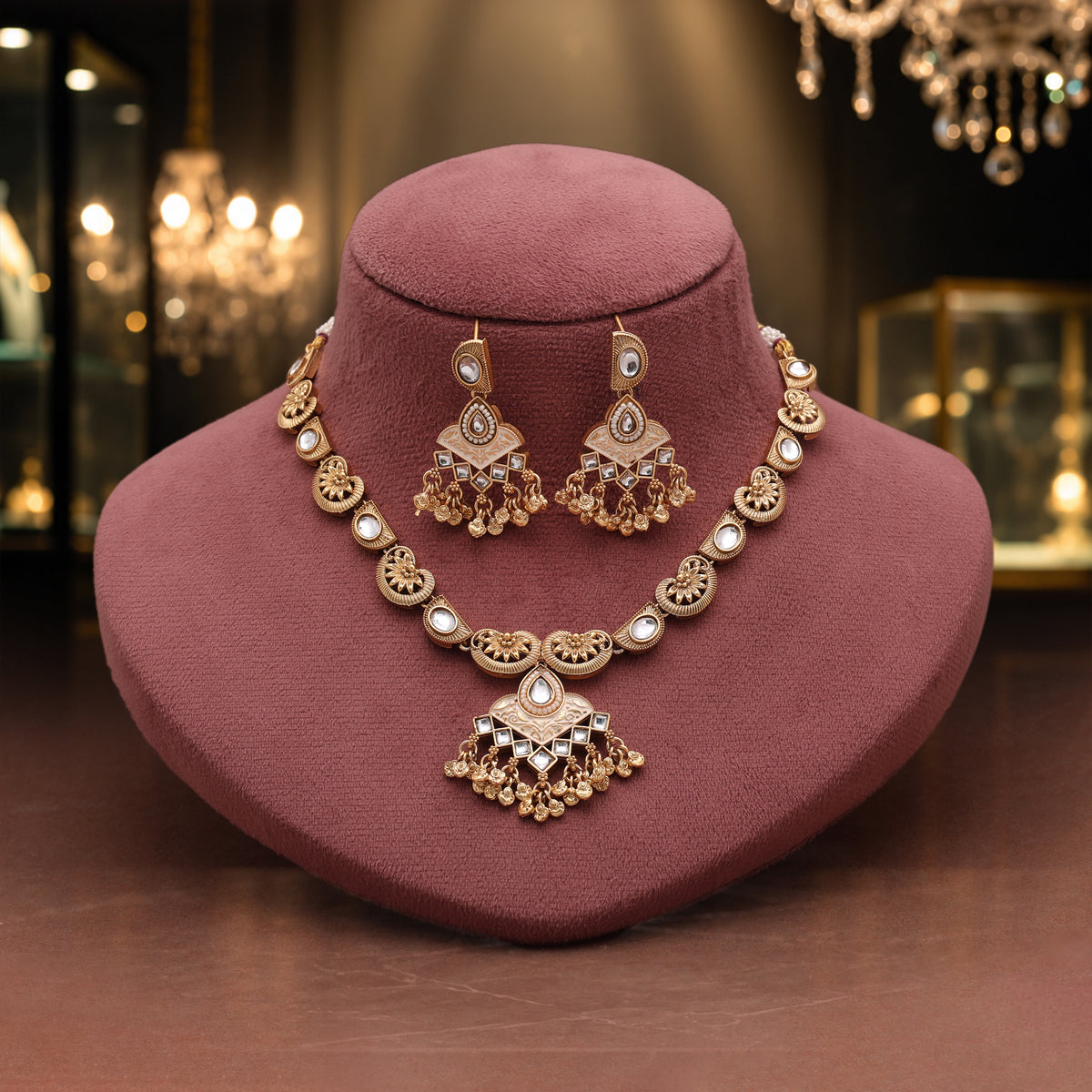 Classic Pure White Color Matte Gold Necklace Set With Graceful Dangle Earrings