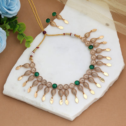Lush Royal Green Color Matte Gold Necklace Set Featuring Stylish Drop Earrings