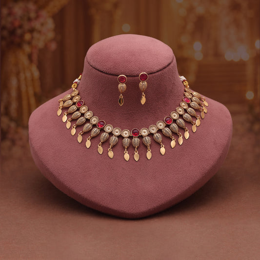 Pretty Rose Pink Color Matte Gold Necklace Set Featuring Charming Drop Earrings