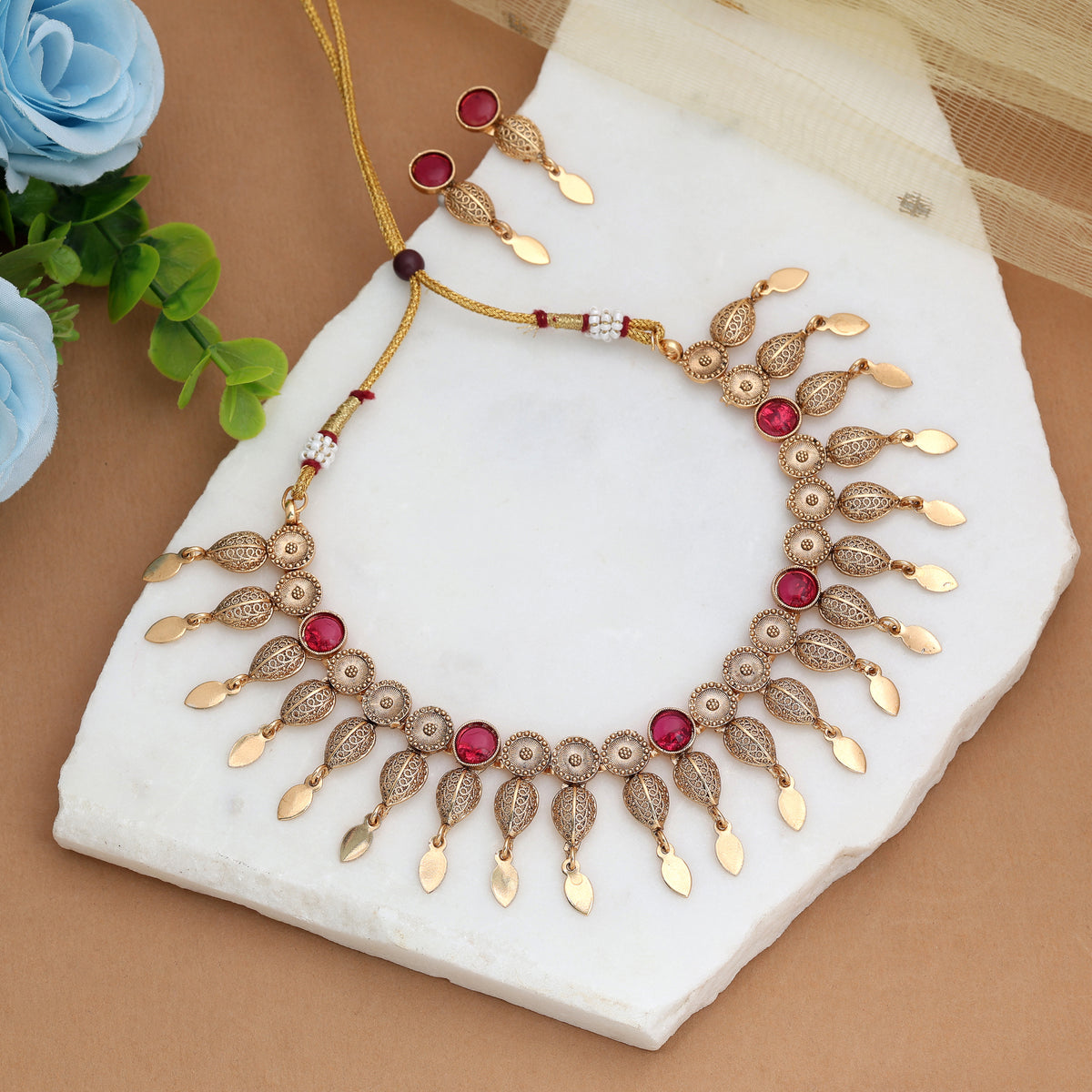 Pretty Rose Pink Color Matte Gold Necklace Set Featuring Charming Drop Earrings