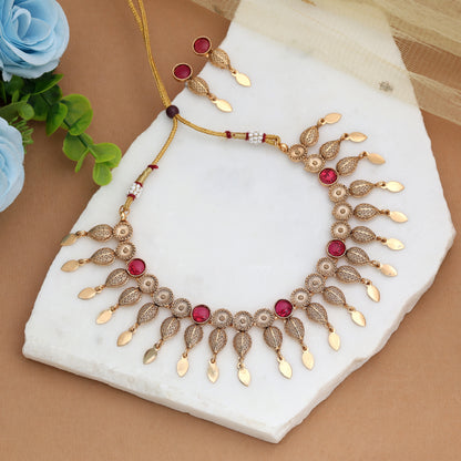 Pretty Rose Pink Color Matte Gold Necklace Set Featuring Charming Drop Earrings