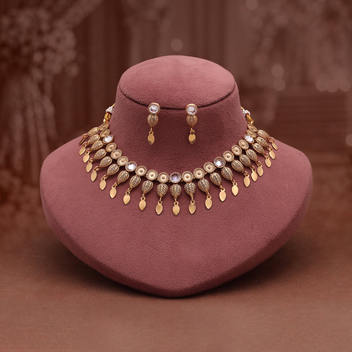 Pristine Crystal White Color Matte Gold Necklace Set Featuring Delicate Drop Earrings