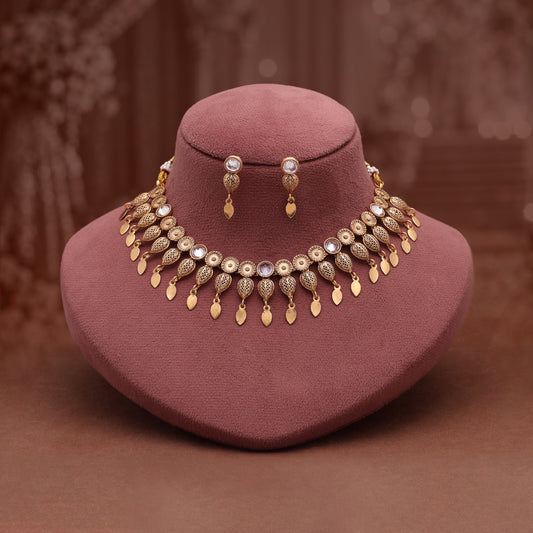 Pristine Crystal White Color Matte Gold Necklace Set Featuring Delicate Drop Earrings