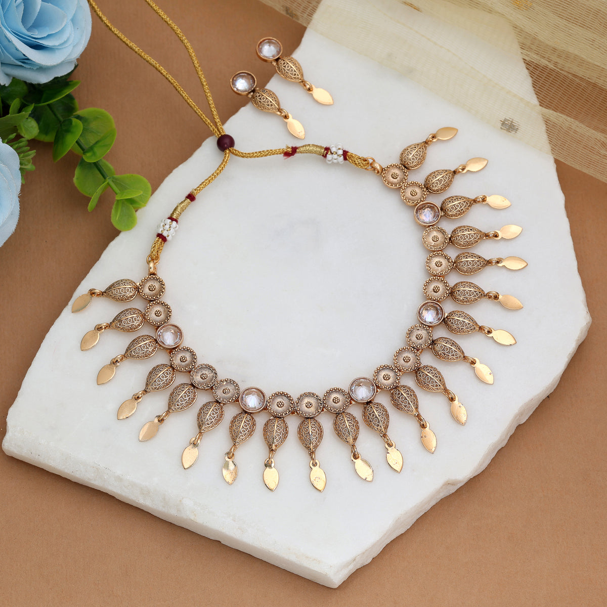 Pristine Crystal White Color Matte Gold Necklace Set Featuring Delicate Drop Earrings
