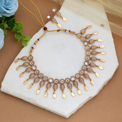 Pristine Crystal White Color Matte Gold Necklace Set Featuring Delicate Drop Earrings