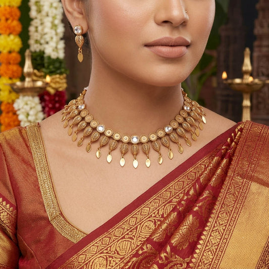 Pristine Crystal White Color Matte Gold Necklace Set Featuring Delicate Drop Earrings