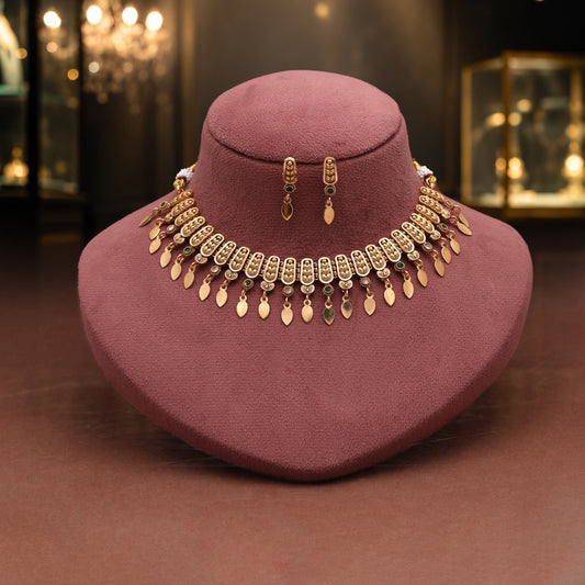 Refreshing Green & White Color Matte Gold Necklace Set Featuring Drop Earrings