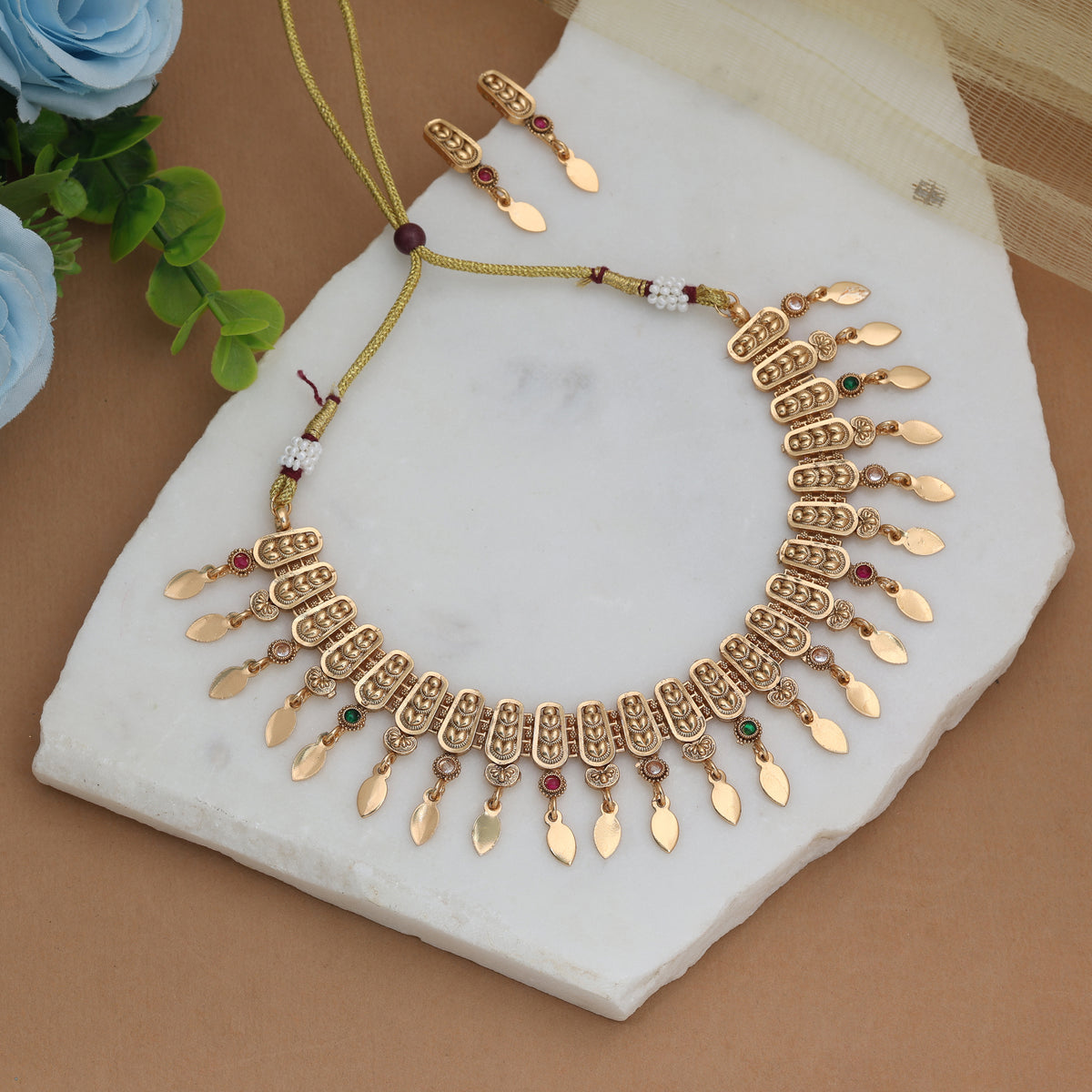 Vibrant Festival Multi Color Matte Gold Necklace Set Featuring Stylish Drop Earrings
