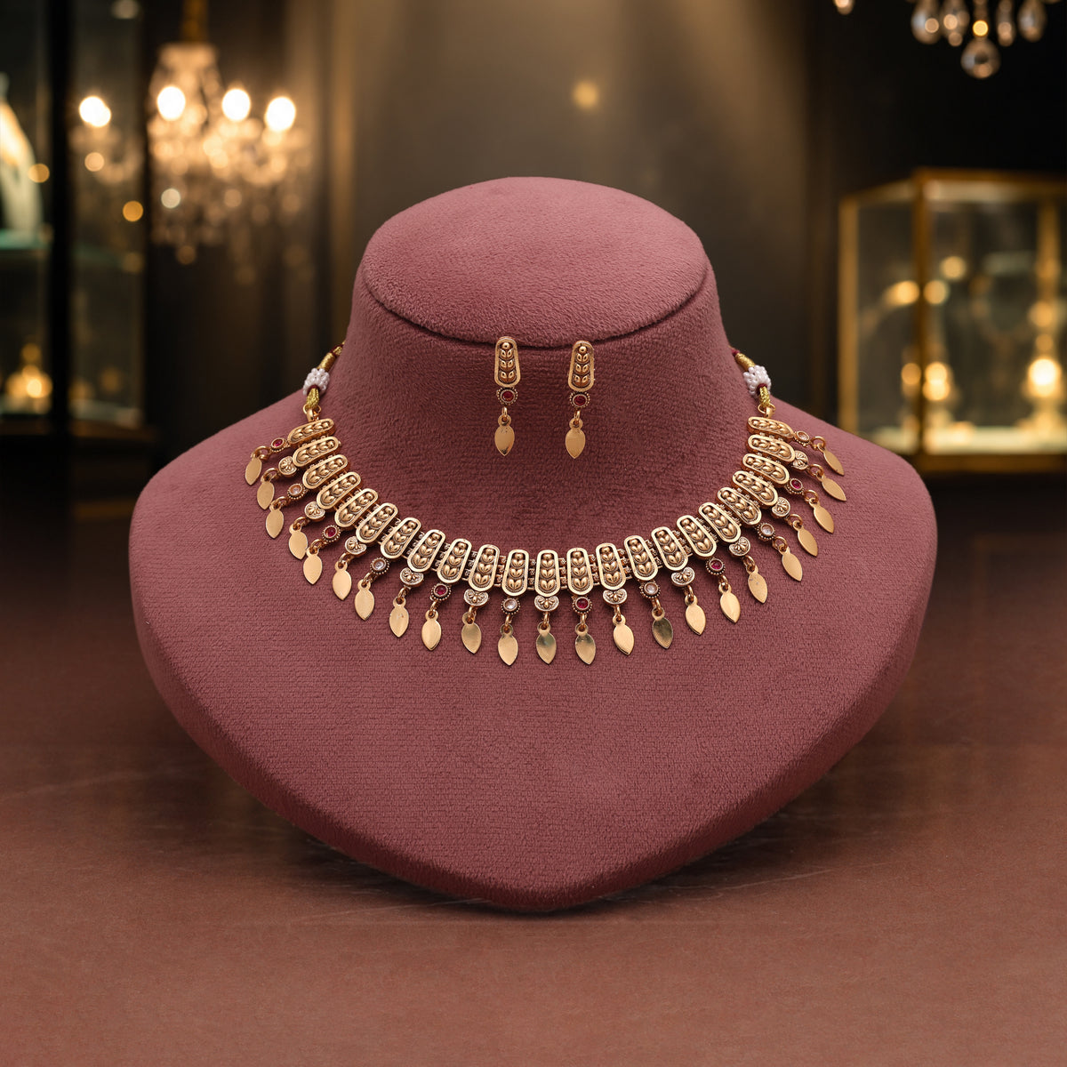 Lovely Pink & White Color Matte Gold Necklace Set Featuring Drop Earrings