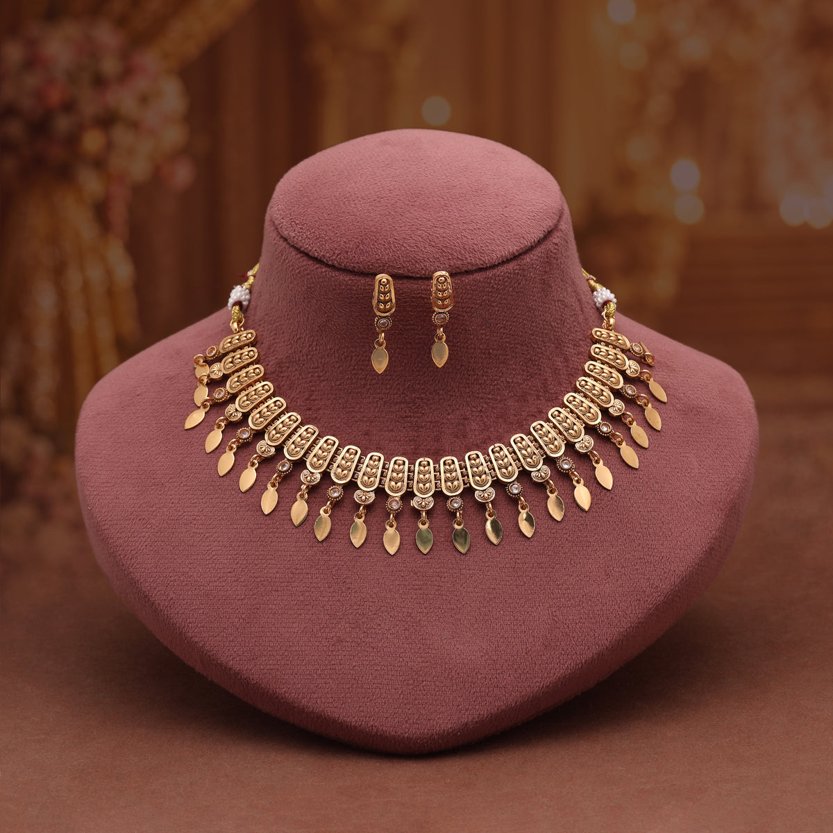 Graceful Pearl White Color Matte Gold Necklace Set Featuring Sleek Drop Earrings