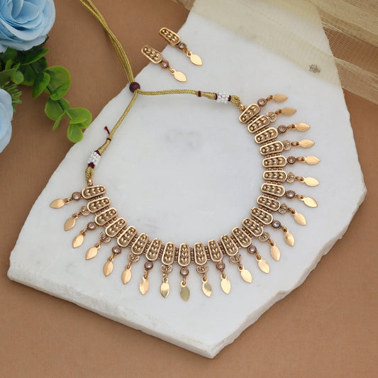 Graceful Pearl White Color Matte Gold Necklace Set Featuring Sleek Drop Earrings