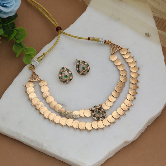 Stunning Green & White Color Matte Gold Necklace Set With Stud Earrings