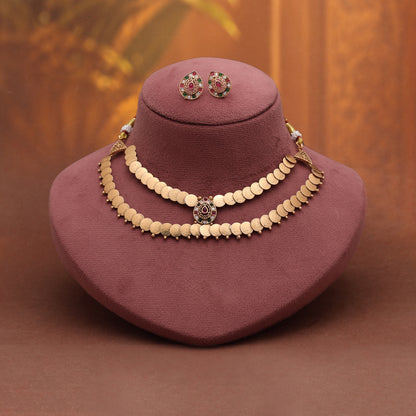 Playful Rainbow Multi Color Matte Gold Necklace Set With Matching Stud Earrings
