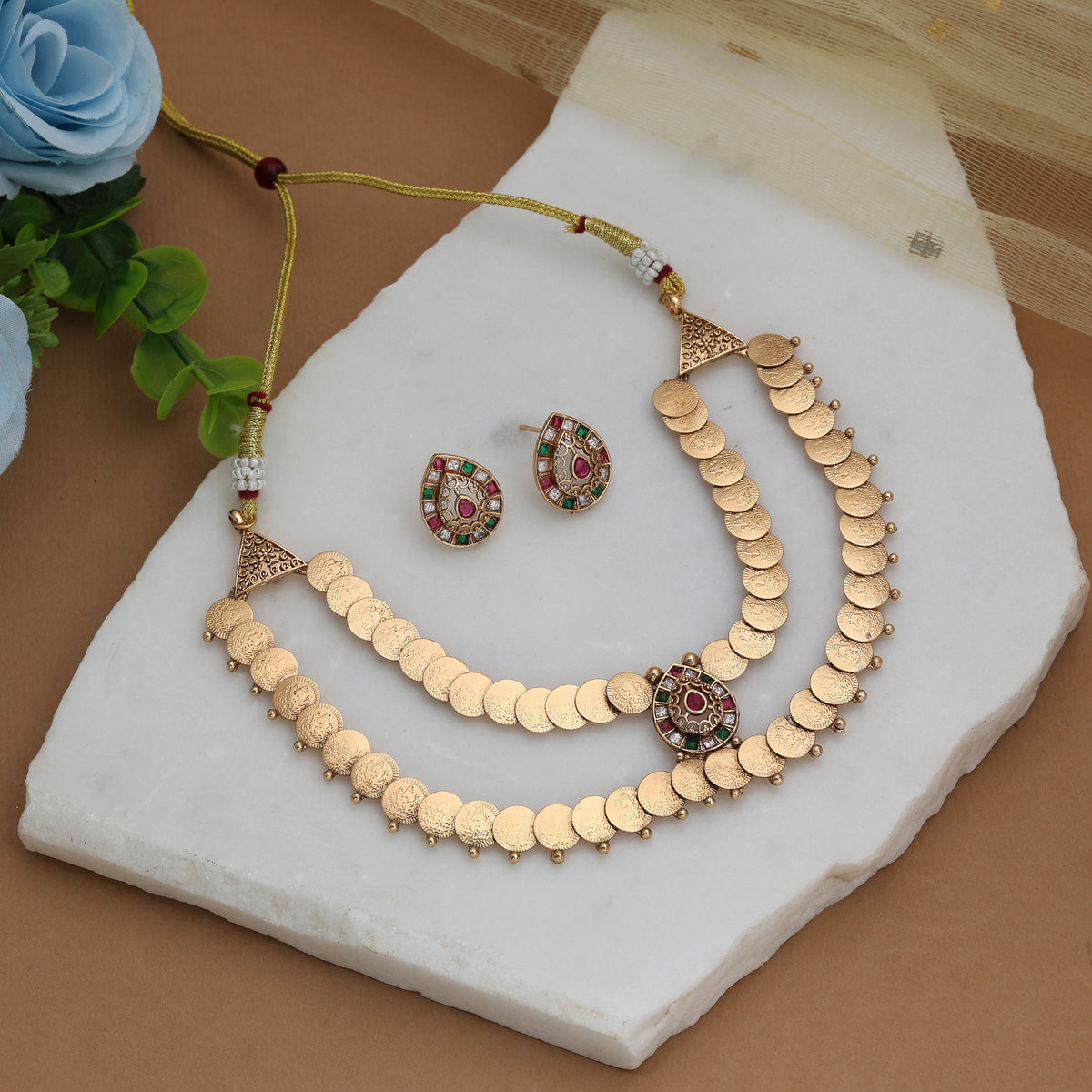 Playful Rainbow Multi Color Matte Gold Necklace Set With Matching Stud Earrings