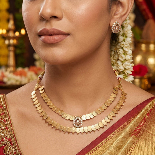 Timeless Diamond White Color Matte Gold Necklace Set With Elegant Stud Earrings
