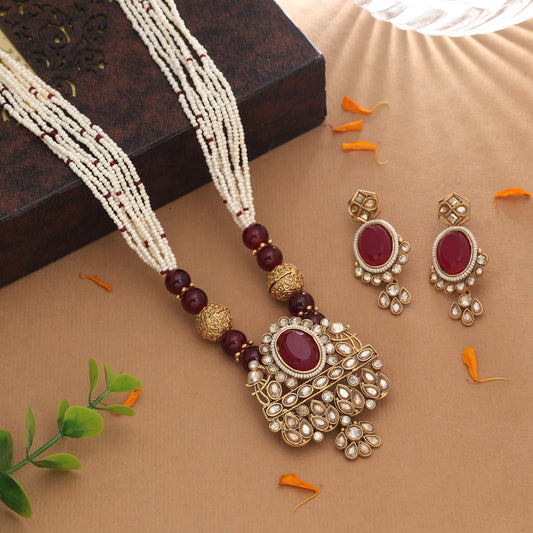 Deep Crimson Maroon Color Matte Gold Necklace Set Paired With Dangle Earrings