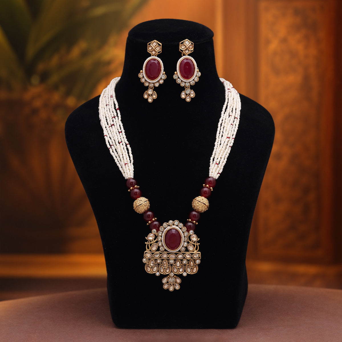 Deep Crimson Maroon Color Matte Gold Necklace Set Paired With Dangle Earrings