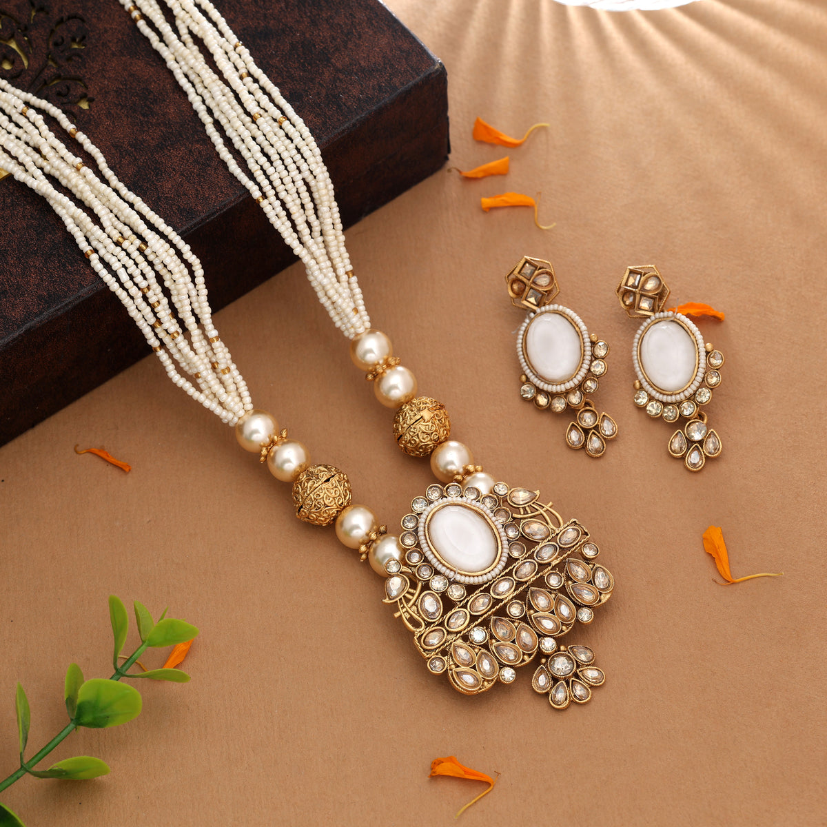 Ivory White Color Matte Gold Necklace Set Paired With Matching Dangle Earrings
