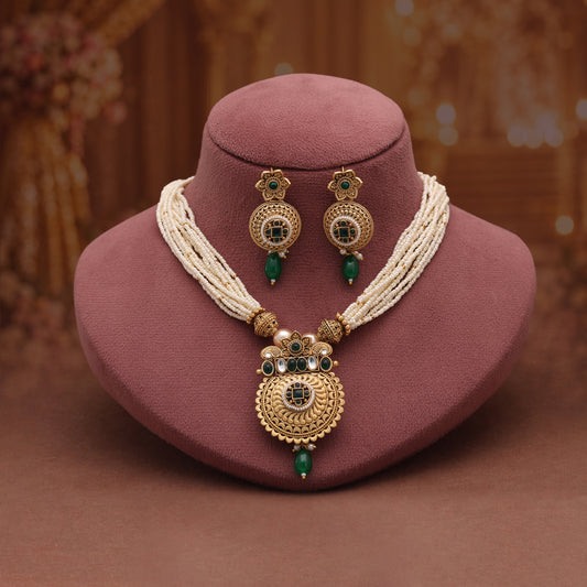 Lively Forest Green Color Matte Gold Necklace Set Paired With Dangle Earrings