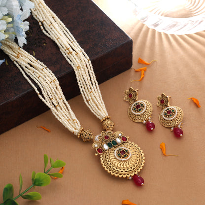 Artistic Gemstone Multi Color Matte Gold Necklace Set Paired With Dangle Earrings