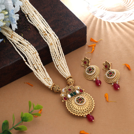 Artistic Gemstone Multi Color Matte Gold Necklace Set Paired With Dangle Earrings