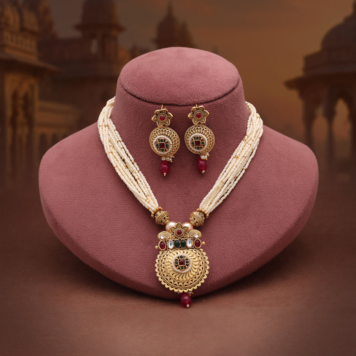 Artistic Gemstone Multi Color Matte Gold Necklace Set Paired With Dangle Earrings